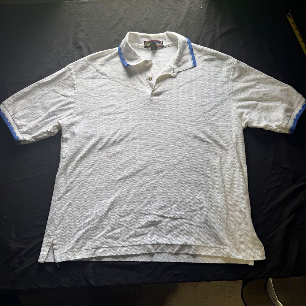 Cross Creek Mens Vintage Polo Shirt L White Herringbone Cotton 90s Preppy Blue